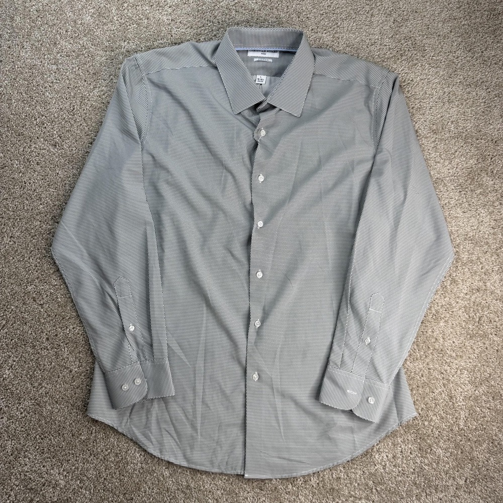 Christian Aujard Dress Shirt Mens 16.5 34/35 Gray Geometric Slim Fit Stretch